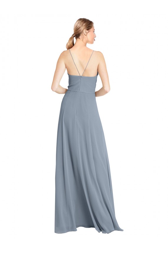 Günstige Staubiges Blau A-Linien Off-Schulter Spaghetti-Träger Chiffon Lange Brautjungfernkleider