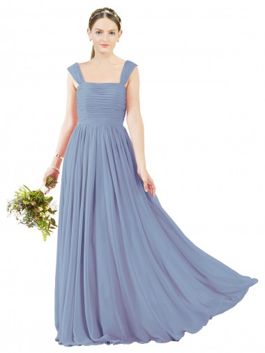 Günstige Staubiges Blau A-Linien Quadrat Ausschnitt Chiffon Lange Brautjungfernkleider