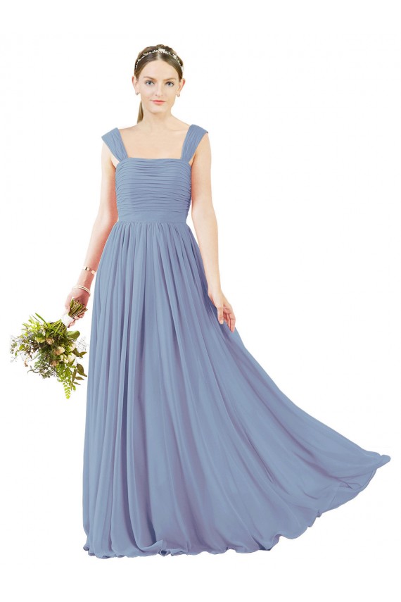 Günstige Staubiges Blau A-Linien Quadrat Ausschnitt Chiffon Lange Brautjungfernkleider