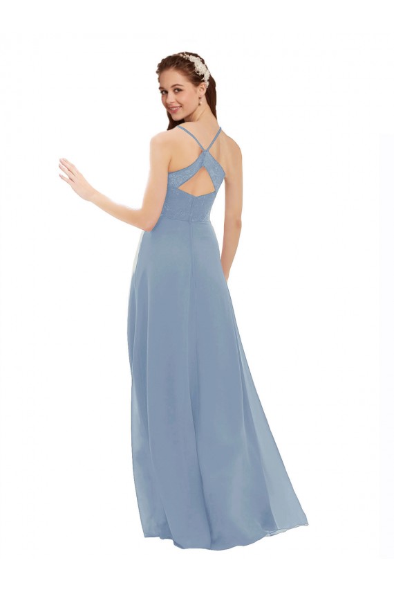 Günstige Staubiges Blau A-Linien Spaghetti-Träger V-Ausschnitt Chiffon Spitze Lange Brautjungfernkleider