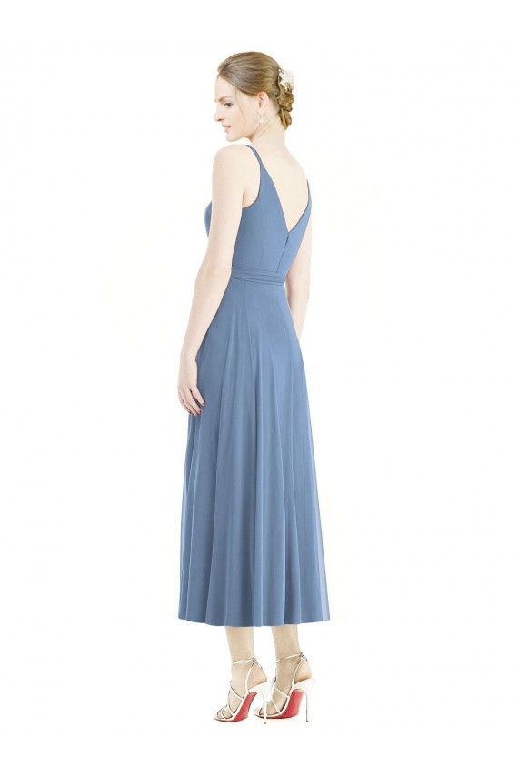 Günstige Staubiges Blau A-Linien Spaghetti-Träger Wadenlang Chiffon Kurze Brautjungfernkleider
