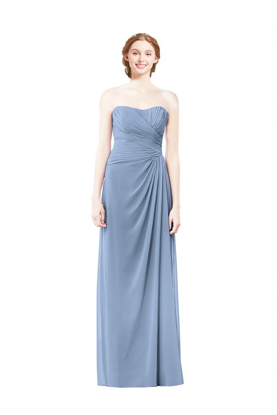 Günstige Staubiges Blau A-Linien Trägerlos Chiffon Lange Brautjungfernkleider