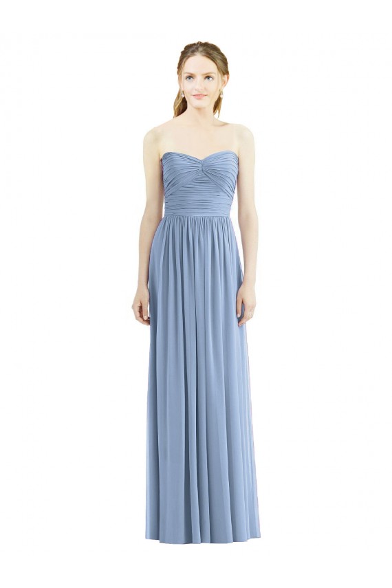 Günstige Staubiges Blau A-Linien Trägerlos Chiffon Lange Brautjungfernkleider