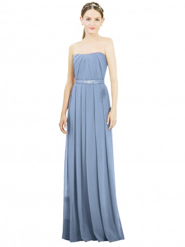 Günstige Staubiges Blau A-Linien Trägerlos Chiffon Lange Brautjungfernkleider