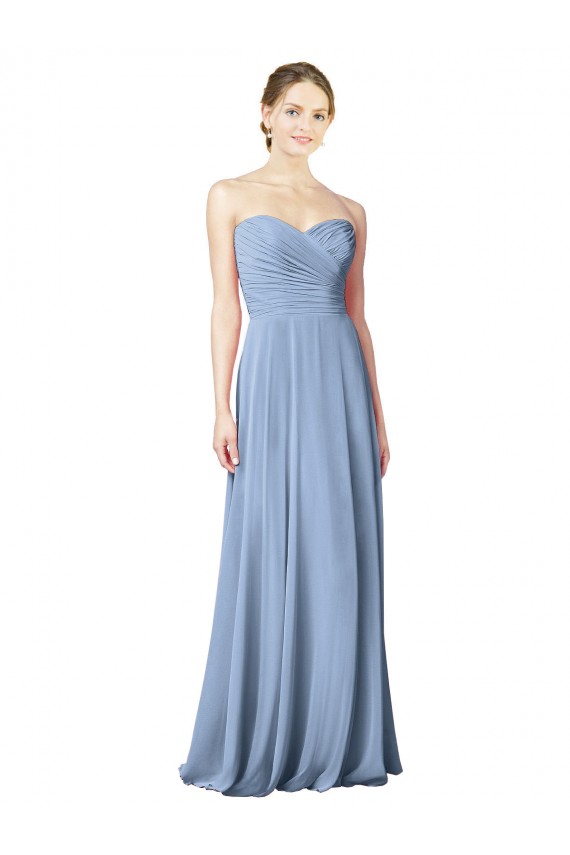 Günstige Staubiges Blau A-Linien Trägerlos Chiffon Lange Brautjungfernkleider