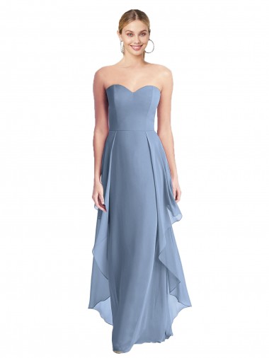 Günstige Staubiges Blau A-Linien Trägerlos Chiffon Lange Brautjungfernkleider