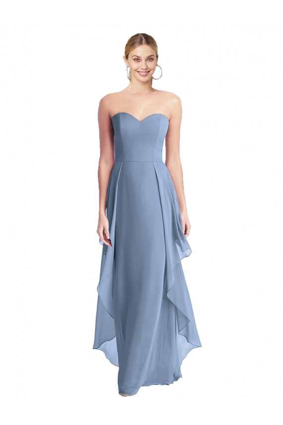 Günstige Staubiges Blau A-Linien Trägerlos Chiffon Lange Brautjungfernkleider