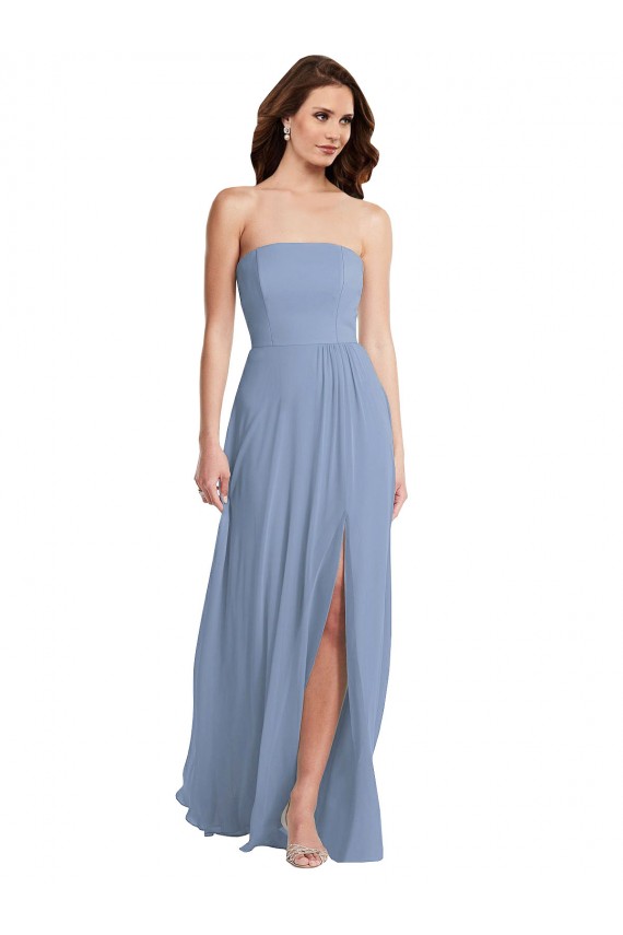 Günstige Staubiges Blau A-Linien Trägerlos Chiffon Lange Brautjungfernkleider