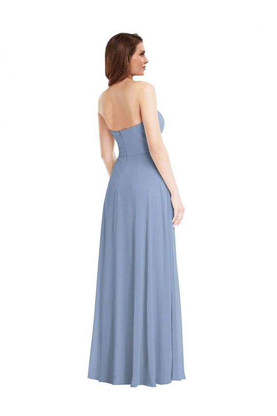 Günstige Staubiges Blau A-Linien Trägerlos Chiffon Lange Brautjungfernkleider