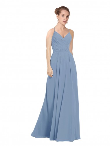 Günstige Staubiges Blau A-Linien V-Ausschnitt Chiffon Lange Brautjungfernkleider