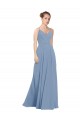 Günstige Staubiges Blau A-Linien V-Ausschnitt Chiffon Lange Brautjungfernkleider