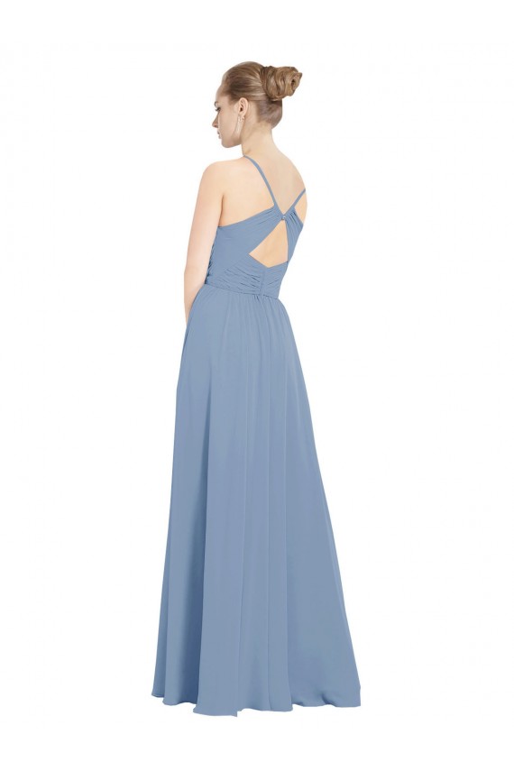 Günstige Staubiges Blau A-Linien V-Ausschnitt Chiffon Lange Brautjungfernkleider