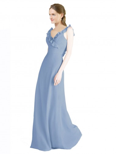 Günstige Staubiges Blau A-Linien V-Ausschnitt Chiffon Lange Brautjungfernkleider