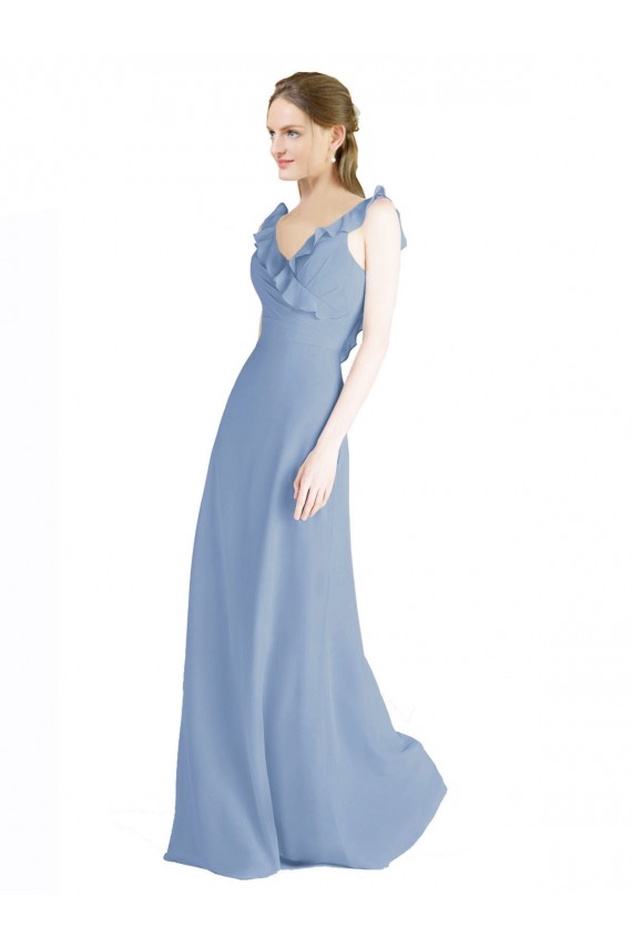 Günstige Staubiges Blau A-Linien V-Ausschnitt Chiffon Lange Brautjungfernkleider