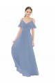 Günstige Staubiges Blau A-Linien V-Ausschnitt Chiffon Lange Brautjungfernkleider