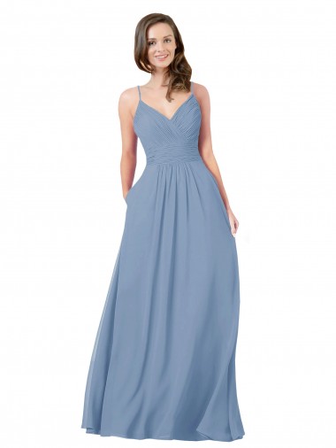 Günstige Staubiges Blau A-Linien V-Ausschnitt Chiffon Lange Brautjungfernkleider