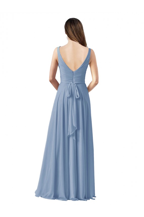 Günstige Staubiges Blau A-Linien V-Ausschnitt Chiffon Lange Brautjungfernkleider