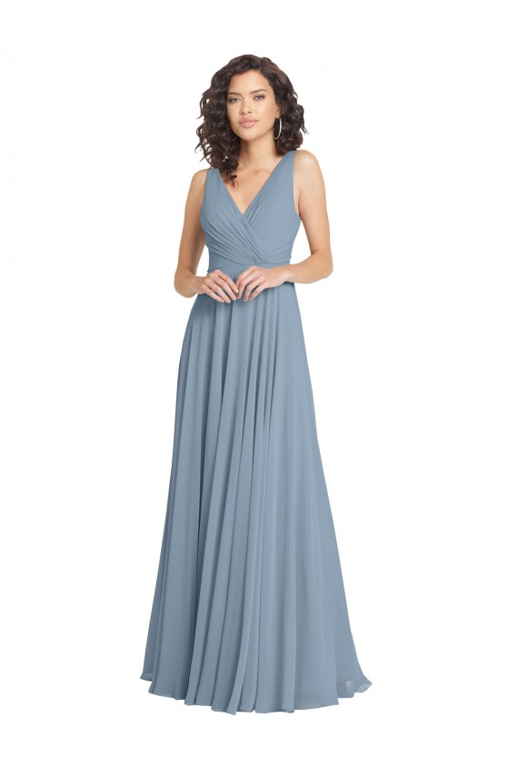 Günstige Staubiges Blau A-Linien V-Ausschnitt Chiffon Lange Brautjungfernkleider