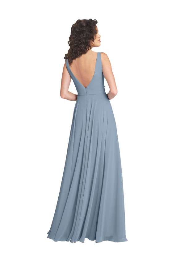 Günstige Staubiges Blau A-Linien V-Ausschnitt Chiffon Lange Brautjungfernkleider