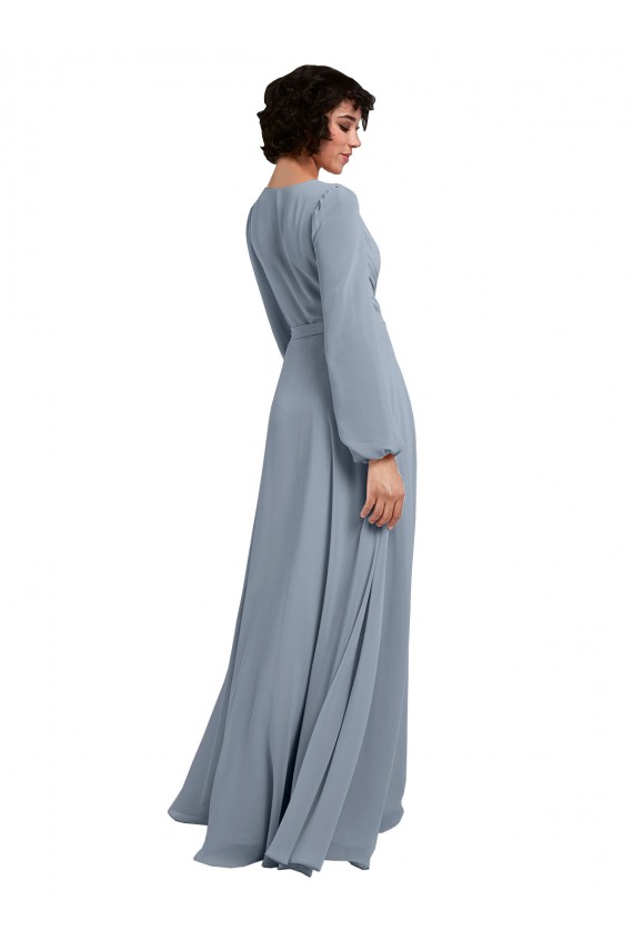 Günstige Staubiges Blau A-Linien V-Ausschnitt Chiffon Lange Brautjungfernkleider