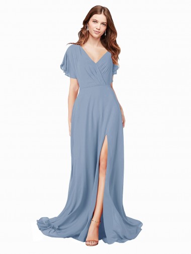 Günstige Staubiges Blau A-Linien V-Ausschnitt Chiffon Lange Brautjungfernkleider / Abiballkleider