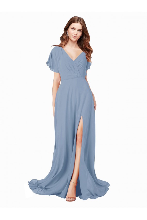 Günstige Staubiges Blau A-Linien V-Ausschnitt Chiffon Lange Brautjungfernkleider / Abiballkleider