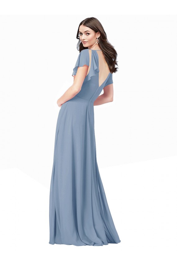 Günstige Staubiges Blau A-Linien V-Ausschnitt Chiffon Lange Brautjungfernkleider / Abiballkleider