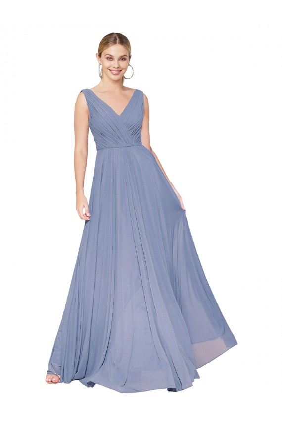 Günstige Staubiges Blau A-Linien V-Ausschnitt Chiffon Lange Formale Brautjungfernkleider / Abendkleider / Abiballkleider