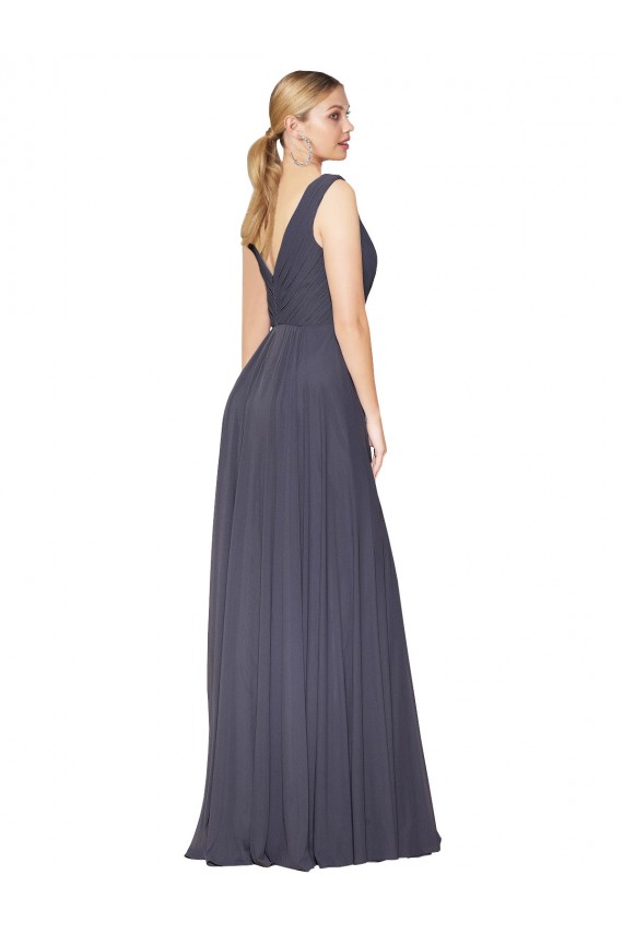 Günstige Staubiges Blau A-Linien V-Ausschnitt Chiffon Lange Formale Brautjungfernkleider / Abendkleider / Abiballkleider