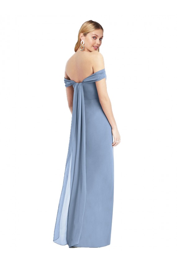 Günstige Staubiges Blau Meerjungfrau Off-Schulter Chiffon Lange Brautjungfernkleider