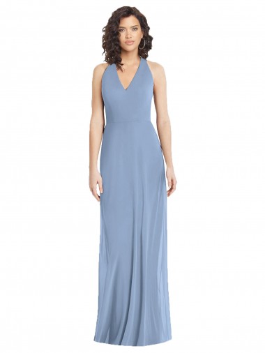 Günstige Staubiges Blau Trompete Neckholder V-Ausschnitt Chiffon Lange Formale Brautjungfernkleider / Abendkleider