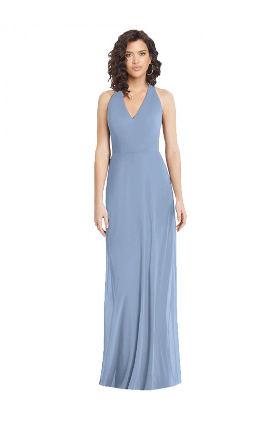 Günstige Staubiges Blau Trompete Neckholder V-Ausschnitt Chiffon Lange Formale Brautjungfernkleider / Abendkleider