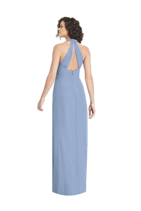 Günstige Staubiges Blau Trompete Neckholder V-Ausschnitt Chiffon Lange Formale Brautjungfernkleider / Abendkleider