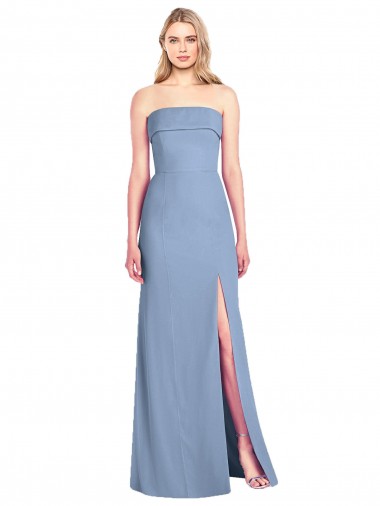 Günstige Staubiges Blau Trompete Trägerlos Chiffon Lange Brautjungfernkleider
