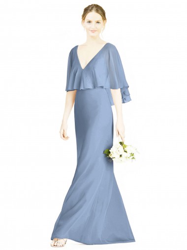 Günstige Staubiges Blau Trompete V-Ausschnitt Chiffon Lange Brautjungfernkleider