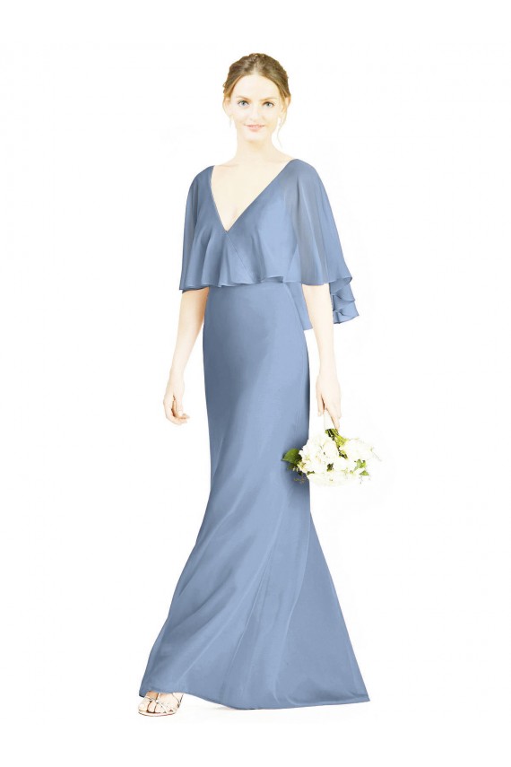 Günstige Staubiges Blau Trompete V-Ausschnitt Chiffon Lange Brautjungfernkleider