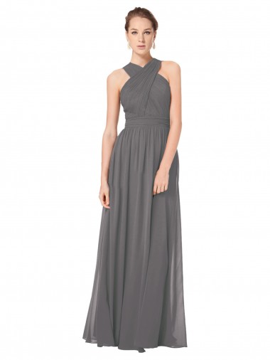 Günstige Stormy Silver A-Linien Neckholder Chiffon Lange Brautjungfernkleider