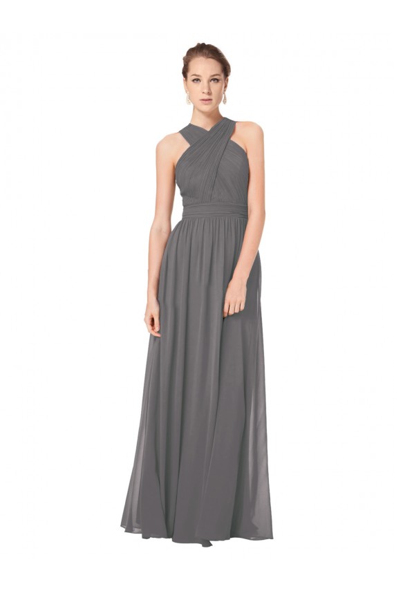 Günstige Stormy Silver A-Linien Neckholder Chiffon Lange Brautjungfernkleider