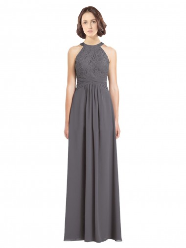 Günstige Stormy Silver A-Linien Neckholder Chiffon Spitze Lange Brautjungfernkleider