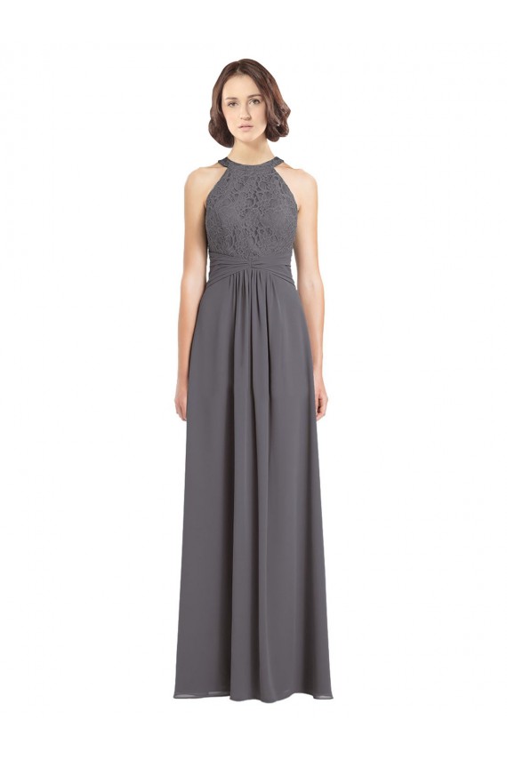 Günstige Stormy Silver A-Linien Neckholder Chiffon Spitze Lange Brautjungfernkleider