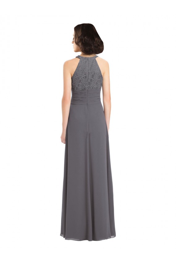 Günstige Stormy Silver A-Linien Neckholder Chiffon Spitze Lange Brautjungfernkleider