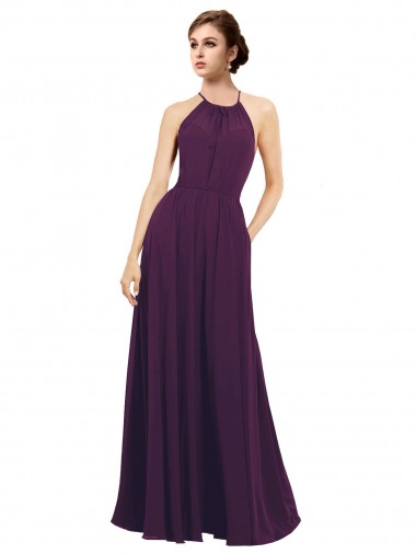 Günstige Traube A-Linien Neckholder Chiffon Lange Brautjungfernkleider