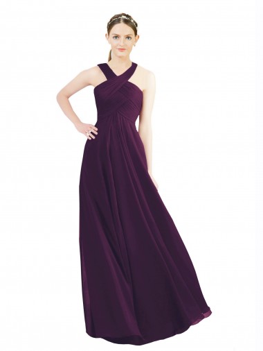Günstige Traube A-Linien Neckholder Chiffon Lange Brautjungfernkleider