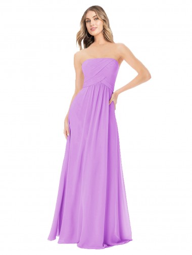 Günstige Violett A-Linien Trägerlos Chiffon Lange Brautjungfernkleider