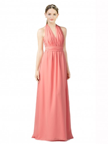 Günstige Wassermelone A-Linien Neckholder Chiffon Lange Brautjungfernkleider