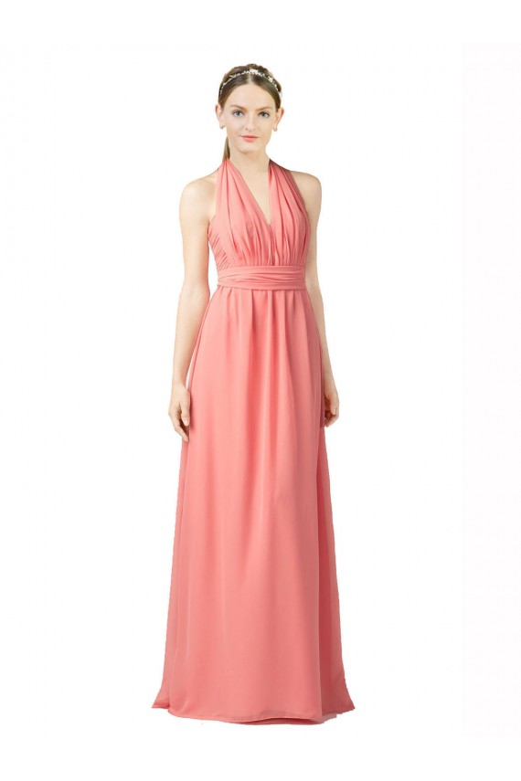 Günstige Wassermelone A-Linien Neckholder Chiffon Lange Brautjungfernkleider