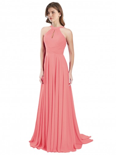 Günstige Wassermelone A-Linien Neckholder Chiffon Lange Brautjungfernkleider