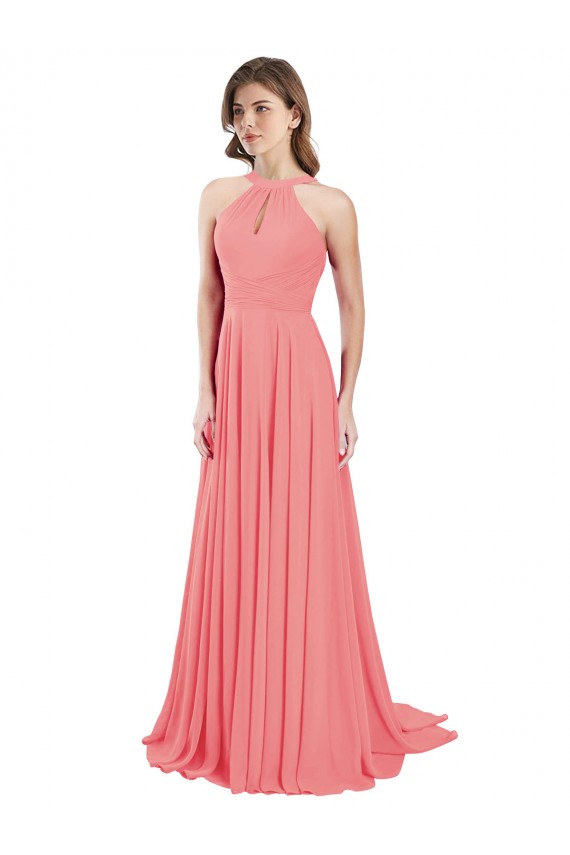 Günstige Wassermelone A-Linien Neckholder Chiffon Lange Brautjungfernkleider