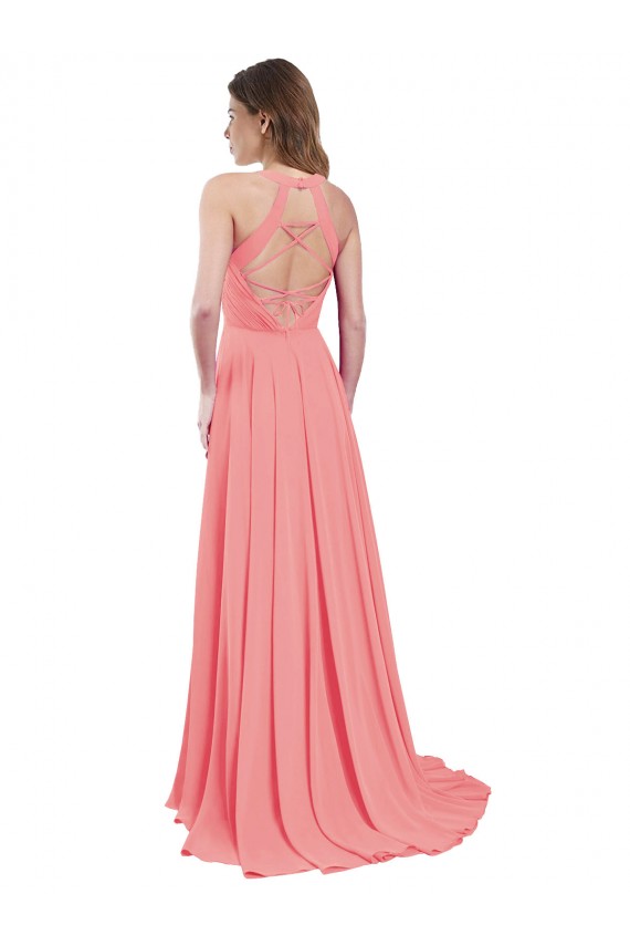 Günstige Wassermelone A-Linien Neckholder Chiffon Lange Brautjungfernkleider