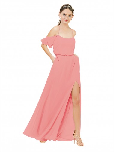 Günstige Wassermelone A-Linien Off-Schulter Chiffon Lange Brautjungfernkleider